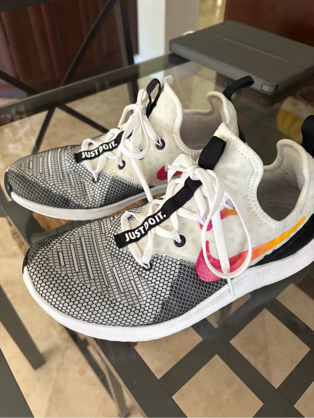 Nike Women’s White & Black Sneakers with Pink Swoosh - JUST DO IT Lace Tag